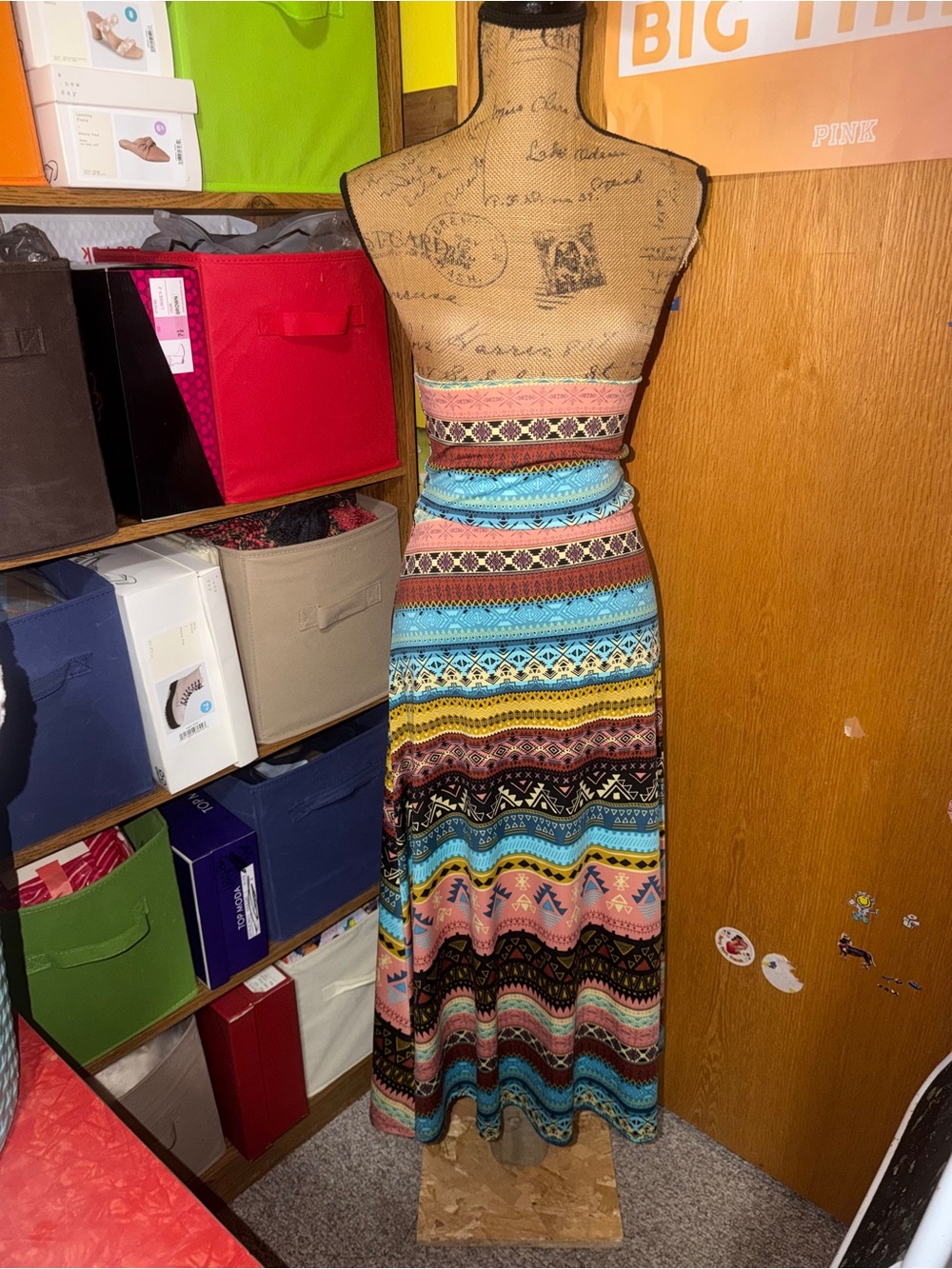 LuLaRoe Multi-Stripe Tribal Print Maxi Dress in Blue, Pink, Tan, Brown, Black